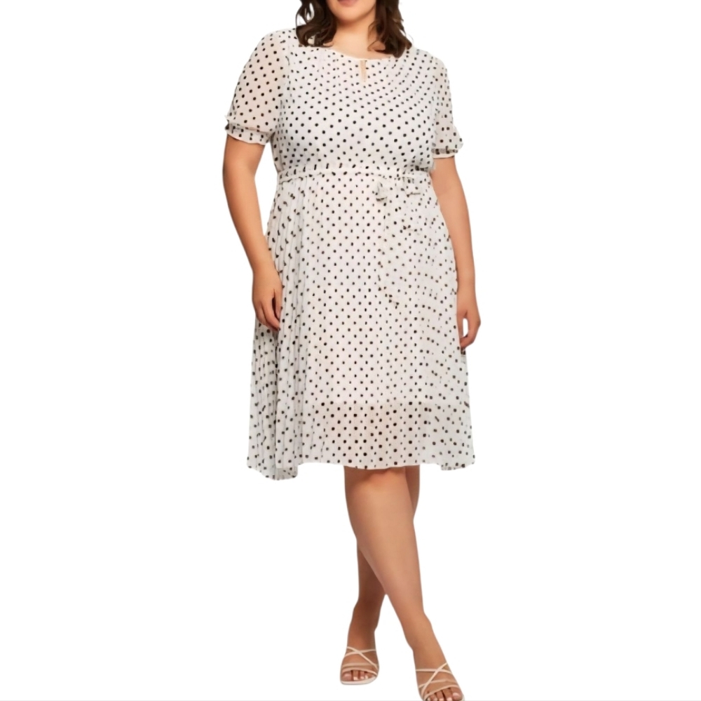 Polka Dot Belted Chiffon Dress In White and Brown
